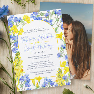 Wildblumen-Gelb-Blau-Aquarell-Bogen-Hochzeit Einladung