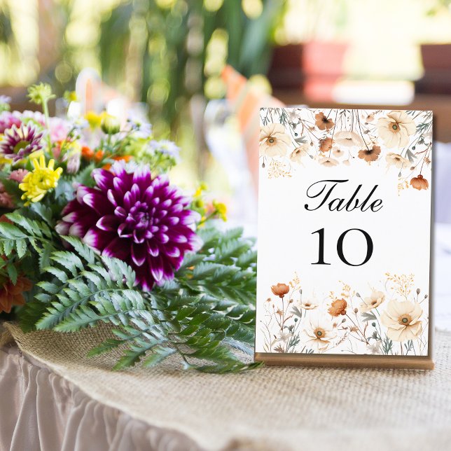Wildblumen Gelbe beige Hochzeitskarte für Tischnum (Boho Wildflowers Yellow Beige Terracotta Burnt Orange Wedding Table Number Cards)
