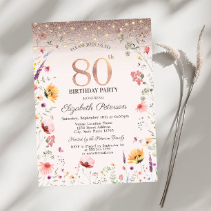 Wildblumen Glitter Lichterkette 80. Geburtstag Einladung