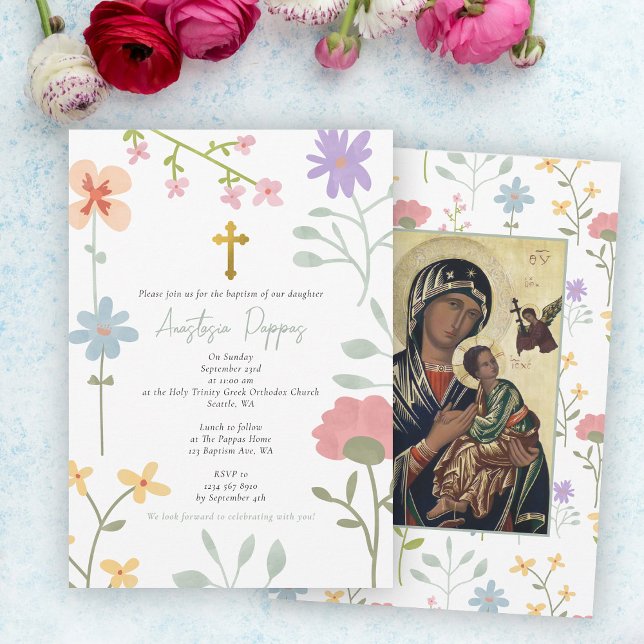 Wildblumen griechisch-orthodoxe Christening Taufe Einladung (Wildflowers Greek Orthodox Christening Baptism Invitation)