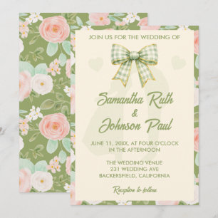 Wildblumen-Grün-Gingham-Schleifen-Hochzeit Einladung