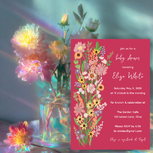 Wildblumen handbemalt Pink Babydusche Einladung