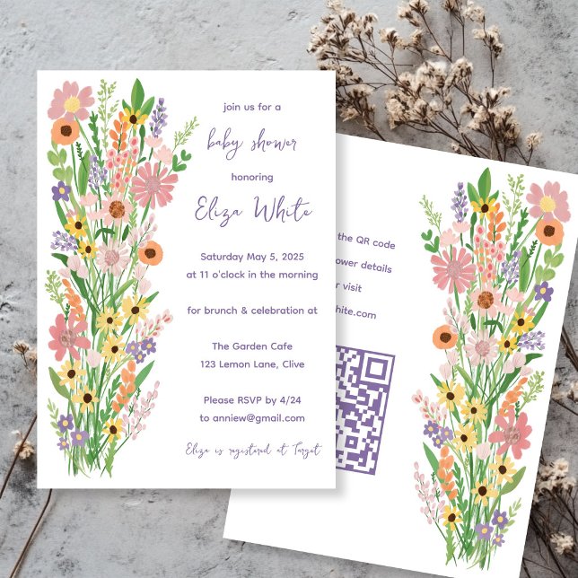Wildblumen Handgemalt QR Code Baby Shower Einladung (Wildflowers Handpainted Custom QR code Baby Shower Invitation
)