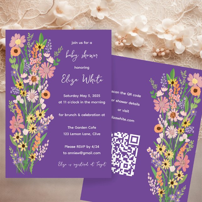 Wildblumen Handgemalt QR Code Baby Shower Einladung (Wildflowers Handpainted Custom QR code Baby Shower Invitation Purple
)