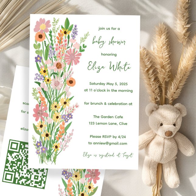 Wildblumen Handgemalt QR Code Baby Shower Einladung (Wildflowers Handpainted Custom QR code Baby Shower Invitation
)