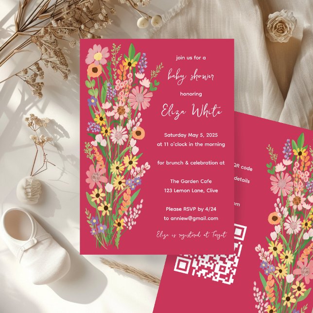 Wildblumen Handgemalt QR Code Baby Shower Einladung (Wildflowers Handpainted Custom QR code Baby Shower Invitation Pink)