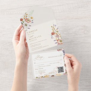 Wildblumen-Herbst-Hochzeits-QR-Code All In One Einladung