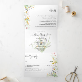 Wildblumen Hochzeit Foto Tri-Fold Einladung