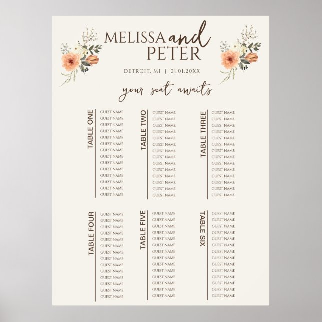 Wildblumen-Hochzeit Sitzordnung Poster (Vorne)