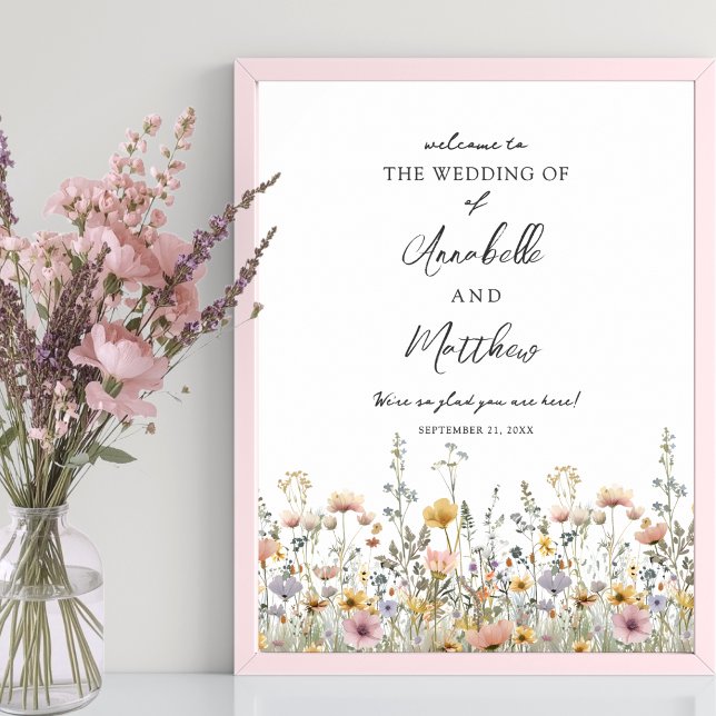 Wildblumen-Hochzeits-Willkommensschild Poster (Wildflower Floral Wedding Welcome Sign)