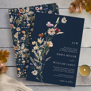 Wildblumen-Hochzeitseinladung in Marineblau Einladung
