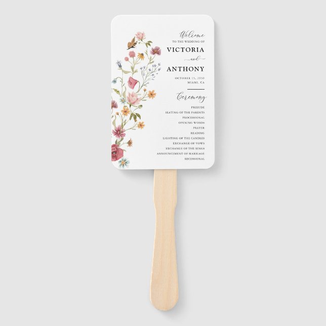 Wildblumen Hochzeitsprogramm Hand Fan Fächer (Vorderseite)