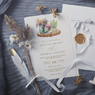 Wildblumen Holz Mason Gläser Boho QR-Code Hochzeit Einladung