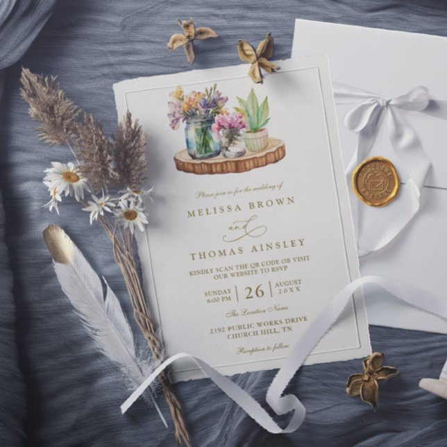 Wildblumen Holz Mason Gläser Boho QR-Code Hochzeit Einladung (Von Creator hochgeladen)