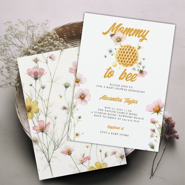 Wildblumen Honey Comb Mommy Bee Baby Girl Dusche Einladung (mommy to bee baby girl shower invitation watercolor illustration honey comb whimsical wildflowers)