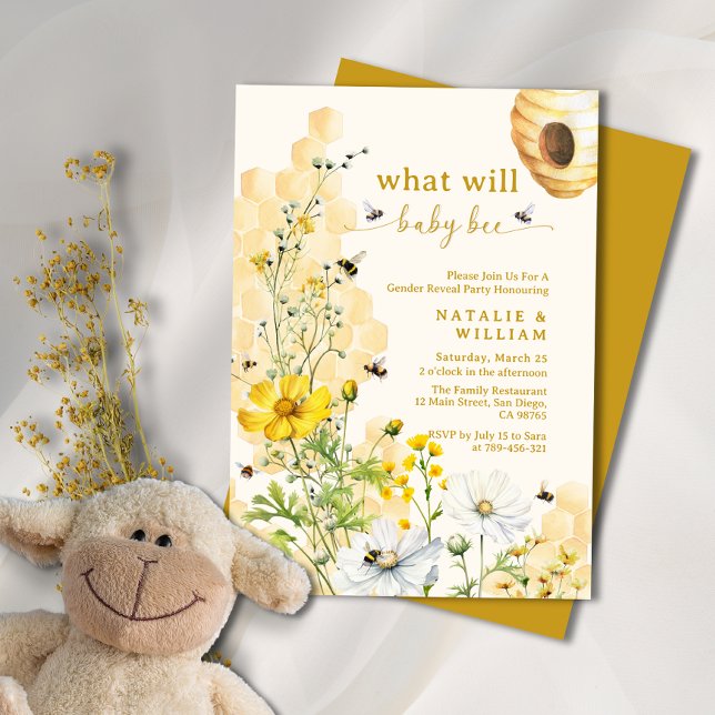 Wildblumen Honeycomb Bee Gender Reveal Einladung (Garden Wildflowers Honeycomb Bee Gender Reveal Invitation)