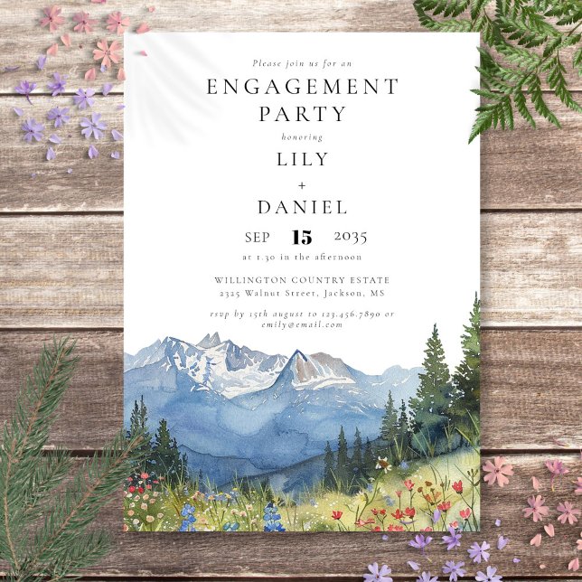 Wildblumen im Wasserfarbengebirge Einladung (Watercolor Mountain Wildflowers Engagement Party Invitation)