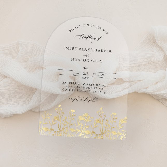 Wildblumen Imitate Gold Moderne Hochzeit Acryleinladungen (clear wedding invitation acrylic boho arch wildflowers faux gold garden modern calligraphy)
