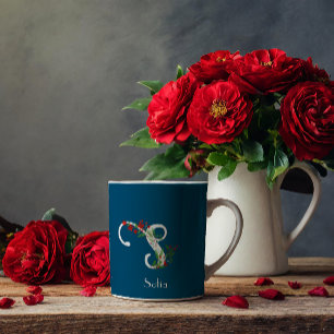 Wildblumen in Aquarellfarben Buchstaben blaue Tass Kaffeetasse
