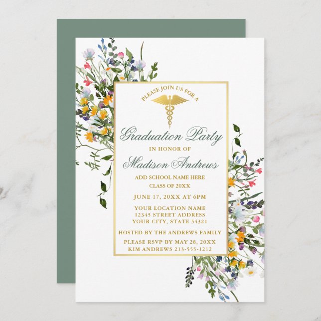 Wildblumen in Aquarellfarben zeigen grünes Party Einladung (Vorne/Hinten)