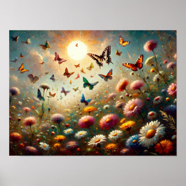 Wildblumen in Blüten, umgeben von Schmetterlingen Poster (Vorne)