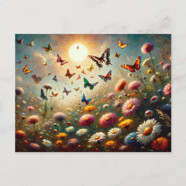 Wildblumen in Blüten, umgeben von Schmetterlingen Postkarte (Vorderseite)