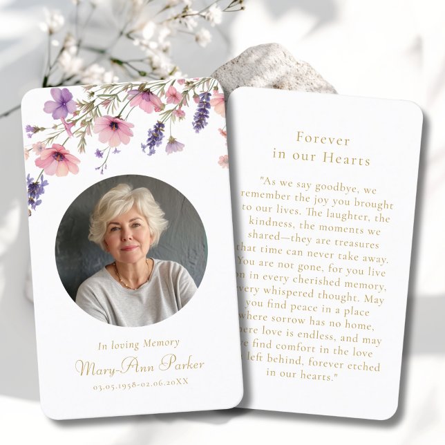 Wildblumen "In liebevoller Erinnerung" Foto-Trauer Visitenkarte (Wildflower "In loving Memory" Photo Funeral Sympathy Beige Memorial Prayer Cards.)