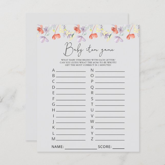 Wildblumen Kinderspiel. Baby Shower Game (Vorne/Hinten)