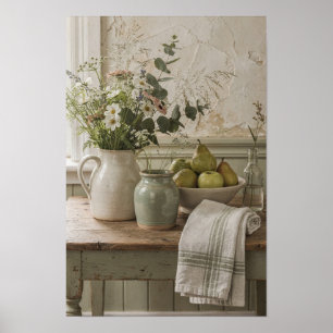 Wildblumen-Krug mit Birnen und Leinen Poster