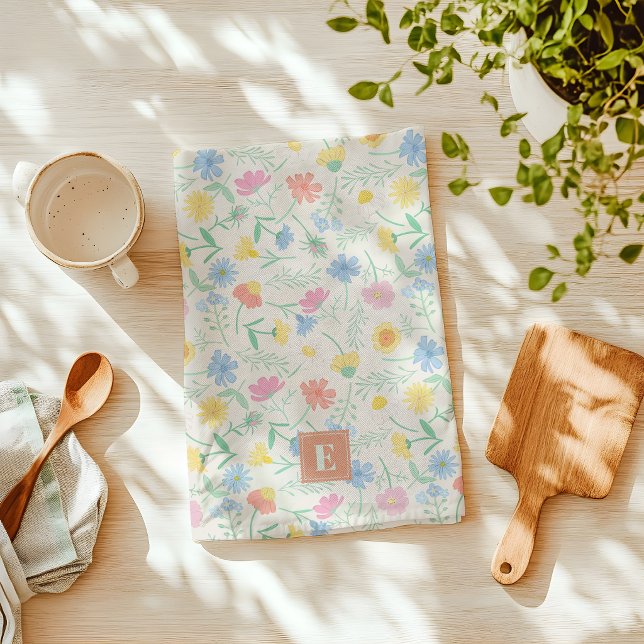 Wildblumen-Küchenhandtuch mit Initiale Geschirrtuch (wildflower floral kitchen towel with monogram)
