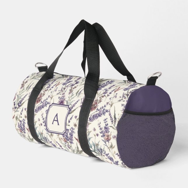 Wildblumen-Lavendel-Boho-Botanik-Blumen-Monogramm Duffle Bag (Rechte Ecke)