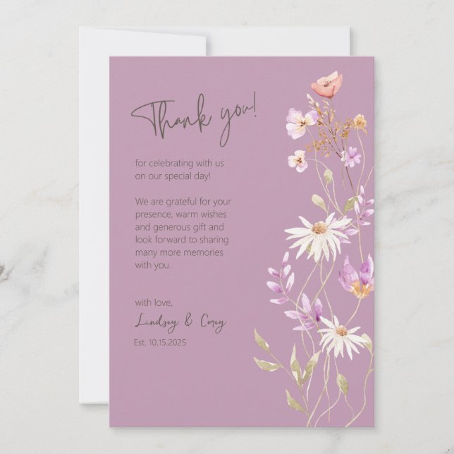 Wildblumen Lavendel Dankeschön Karte für Hochzeit (Vorderseite)