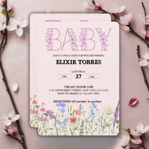 Wildblumen-Lila-Blumen-Babymonogramm-Baby-Shower Einladung