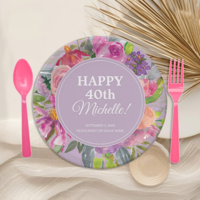 Wildblumen Lila Rosa 40. Geburtstag Pappteller (Elegant pink and purple watercolor floral 40th birthday party paper plates)