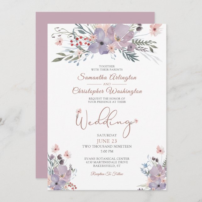 Wildblumen Lilac Wedding Einladung (Vorne/Hinten)