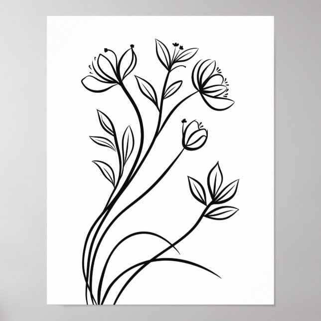 Wildblumen Linien Schwarz und Weiß Botanische Poster (Vorne)