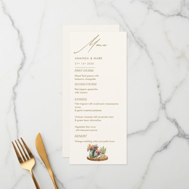 Wildblumen Mason Jar Boho bohemian Wedding Menükarte (Vorderseite/Rückseite Beispiel)