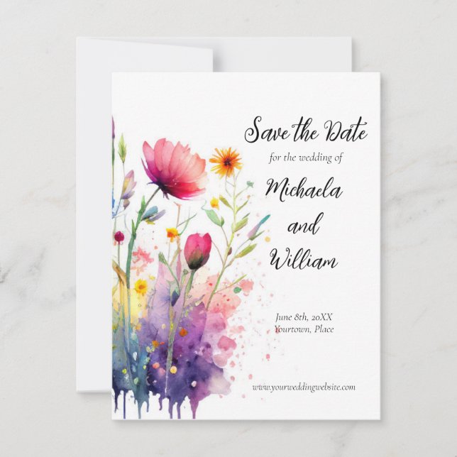 Wildblumen mit Aquarellfarben speichern das Datum Save The Date (Vorderseite)