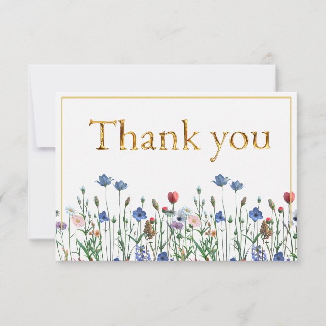 Wildblumen mit elegantem Gold Script Vielen Dank Dankeskarte (Vorderseite)
