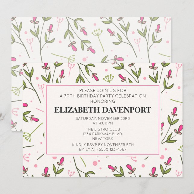 Wildblumen mit rosa und grünem langen Stechen Gebu Einladung (Vorne/Hinten)