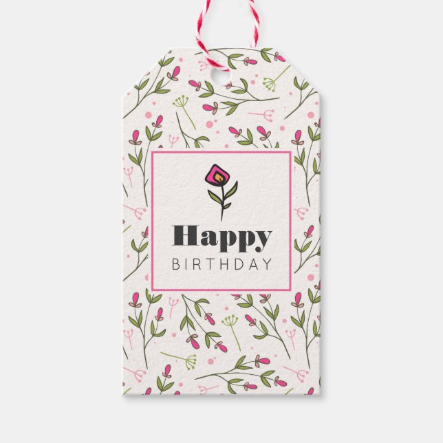 Wildblumen mit rosa und grünem langen Stechen Gebu Geschenkanhänger (Vorderseite)