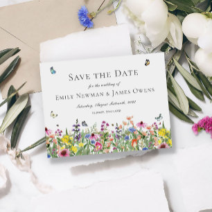 Wildblumen mit Schmetterlingen Save the Date Postkarte