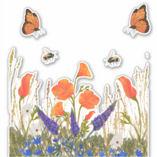 Wildblumen Mohn Butterflies Bienen Aufkleber