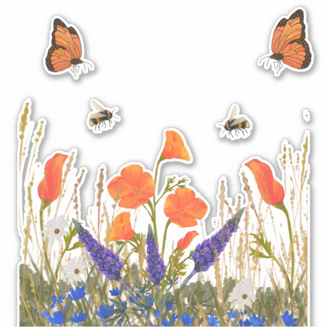 Wildblumen Mohn Butterflies Bienen Aufkleber (Vorderseite)