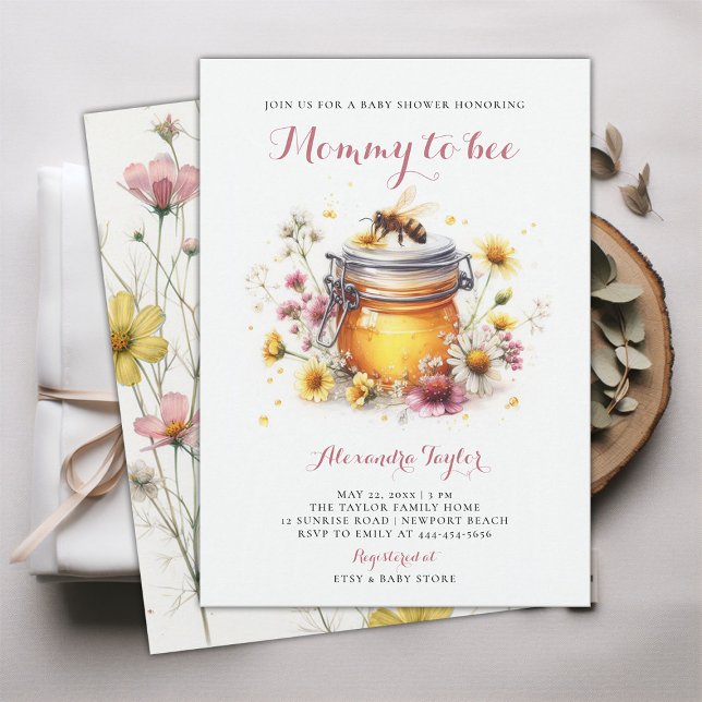 Wildblumen Mommy to Bee Honey Baby Girl Shower Einladung (mommy to bee baby girl shower invitation watercolor illustration cute adorable whimsical wildflowers)