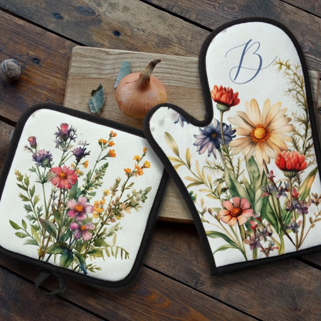 Wildblumen Monogram Erstküche Ofenhandschuh & Topflappen-Set (Von Creator hochgeladen)