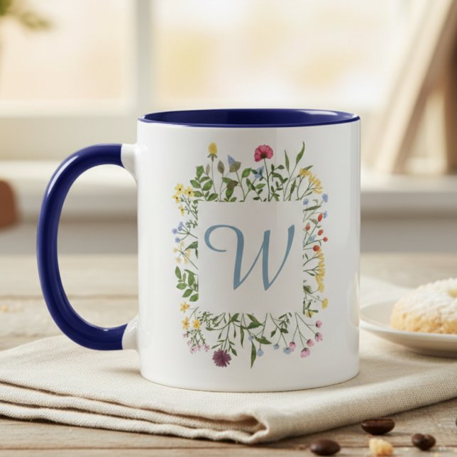 Wildblumen-Monogramm Blau Initiale Tasse (Wildflower monogram coffee mug for new homeowners at housewarming celebrations)