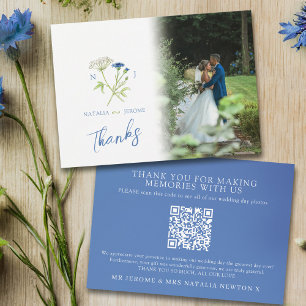 Wildblumen-Monogramm blaue Hochzeitsfoto QR-Code Dankeskarte