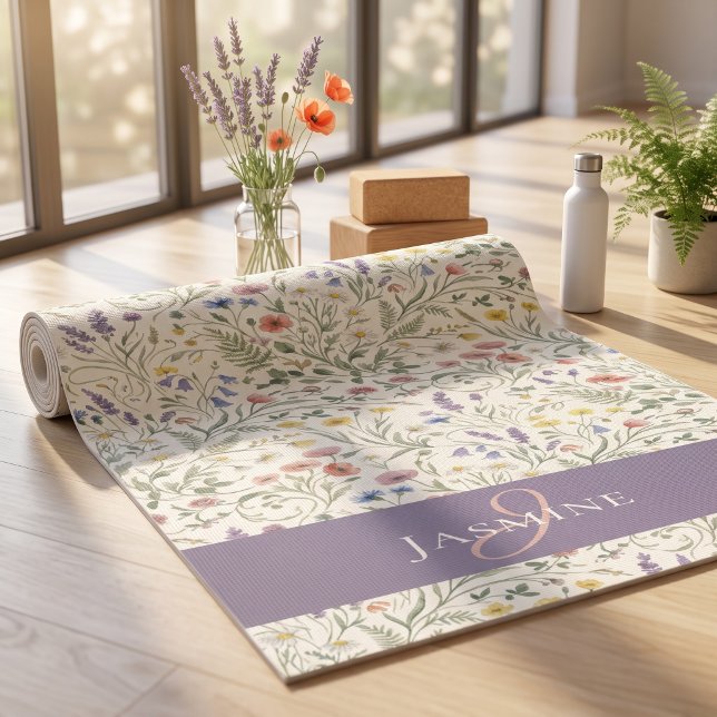 Wildblumen-Monogramm-Name Lila Wasserfarbe Yogamatte (Von Creator hochgeladen)