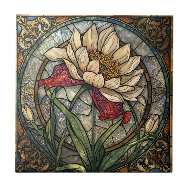 Wildblumen-Mosaik-Buntglas-Botanik-Blumen   Fliese (Vorderseite)